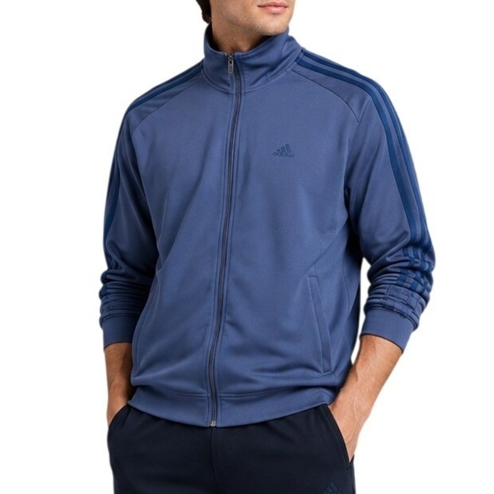 Adidas‎ Mens Full Zip Track Jacket Blue Grey Three Stripe Mock Neck XL
